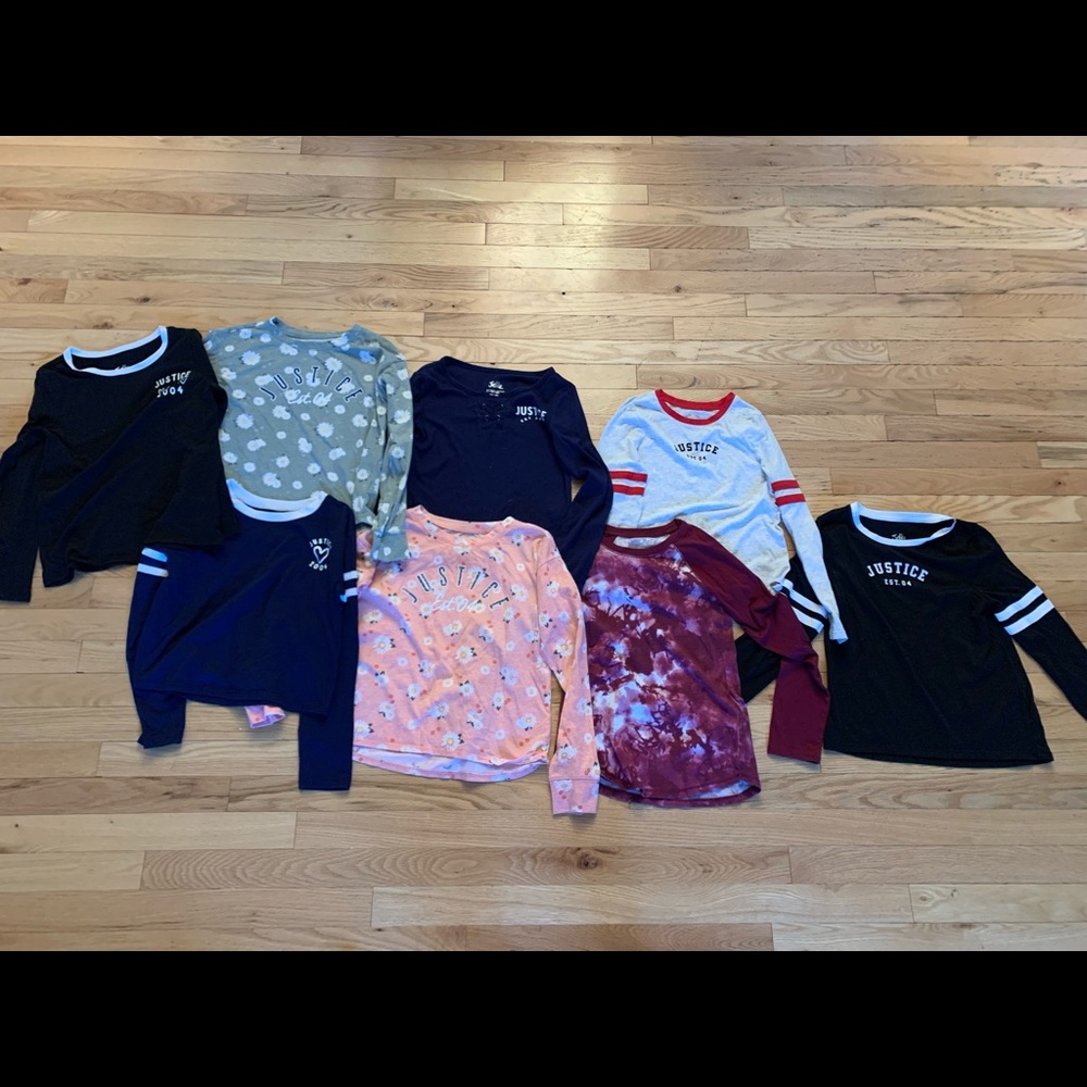 Girls justice shirt lot.  All size 8 except very right black shirt is size 10.